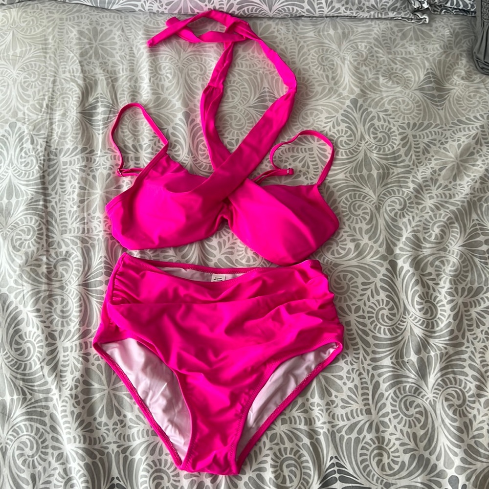 Hot pink halter bikini with high waist size medium